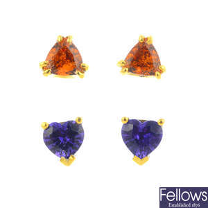 Three pairs of gem-set stud earrings.