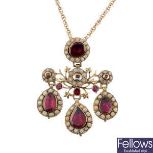A late Georgian garnet and split pearl pendant, with a chain.