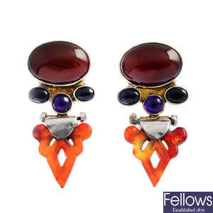 EILEEN COYNE - a pair of chalcedony, onyx and amethyst earrings.