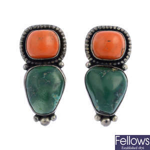 EILEEN COYNE - a pair of coral and turquoise earrings.