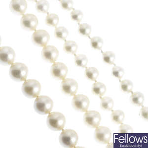 Eight cultured pearl single-strand necklaces.
