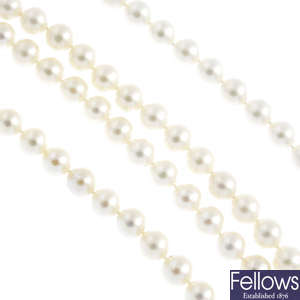 Four single-strand cultured pearl necklaces.