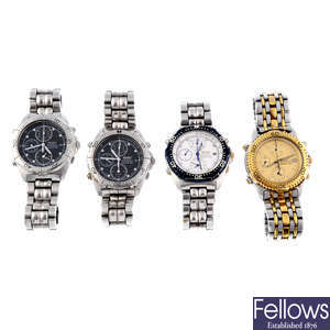A group of four assorted Seiko chronograph bracelet watches.