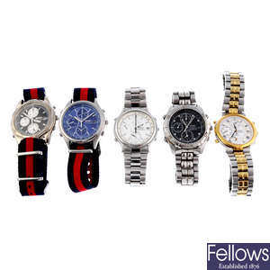 A group of five assorted Seiko chronograph watches.