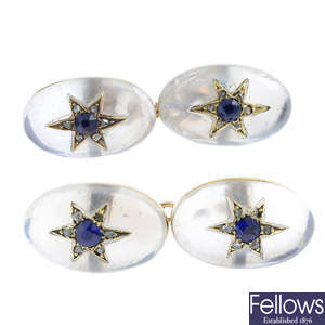 A pair of Edwardian gold moonstone, sapphire and diamond cufflinks.