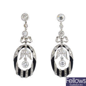 A pair of diamond and enamel earrings.