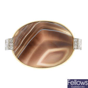 A banded agate and diamond brooch.