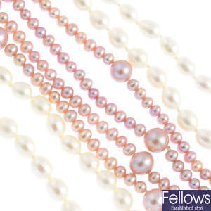 Eight cultured freshwater pearl single-strand necklaces.