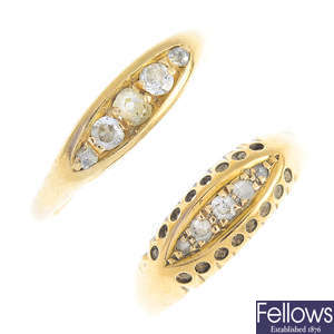 Two early 20th century 18ct gold diamond five-stone rings.
