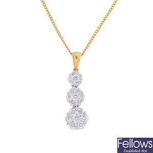 An 18ct gold diamond floral cluster pendant, with chain.