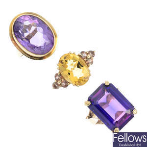 Three 9ct gold gem-set dress rings.