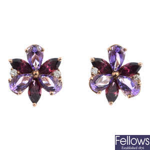 Three pairs of diamond and gem-set earrings.