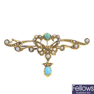 An early 20th century 15ct gold turquoise and split pearl brooch.
