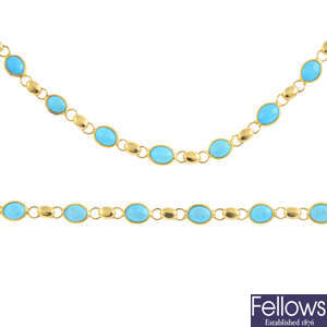An 18ct gold reconstituted turquoise necklace and bracelet.