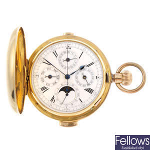 A yellow metal full hunter chronograph triple date minute repeater moonphase pocket watch.
