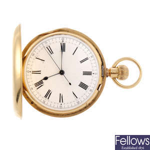 A yellow metal full hunter repeater pocket watch.