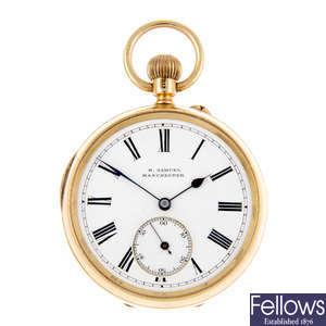 An 18ct yellow gold open face pocket watch by H. Samuel together with a gilt pair case pocket watch.