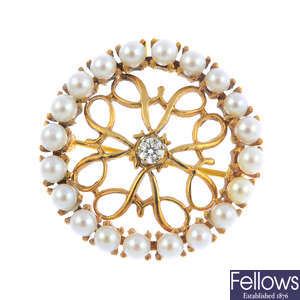 A 14ct gold pearl and diamond brooch.