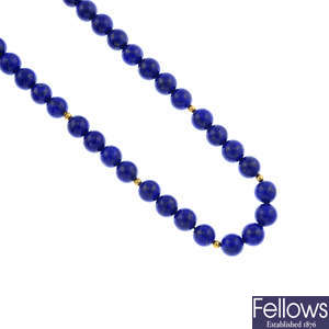 A lapis lazuli bead necklace, with cultured pearl clasp.