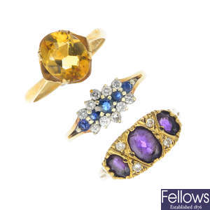 Five 9ct gold diamond and gem-set rings.