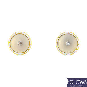 A pair of mid 20th century mother-of-pearl, enamel and diamond earrings.