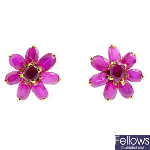A pair of synthetic ruby floral cluster earrings.