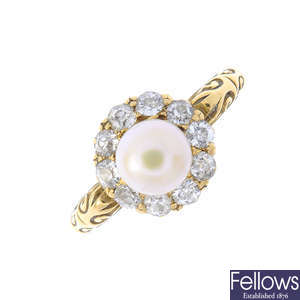 An Edwardian diamond and cultured pearl cluster ring.