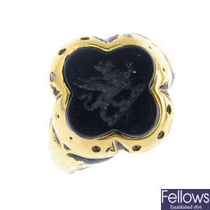 A mid Victorian 18ct gold onyx and diamond mourning ring.
