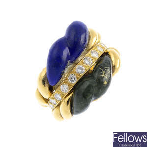 A 1970s 18ct gold lapis lazuli, green hardstone and diamond ring.