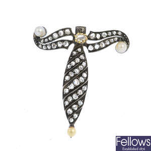 A late Victorian silver and gold, diamond and cultured pearl sword hilt brooch.
