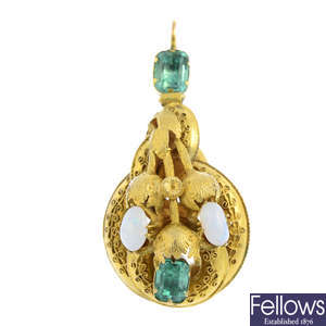A mid Victorian gold, emerald and opal pendant.