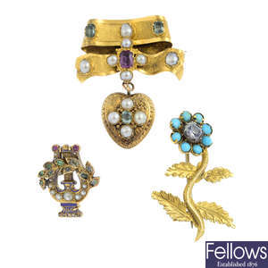 A selection of three late Georgian to mid 19th century gold gem-set brooches.