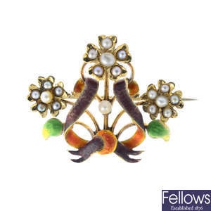 An early 20th century 15ct gold enamel, seed and split pearl brooch.