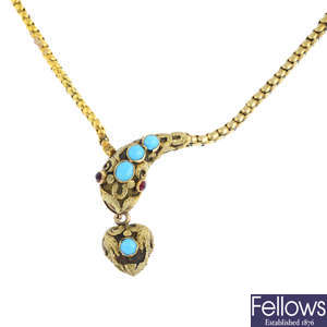 A late Victorian gold, turquoise and garnet snake necklace.