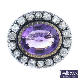 A mid Victorian silver and gold, amethyst and diamond brooch.