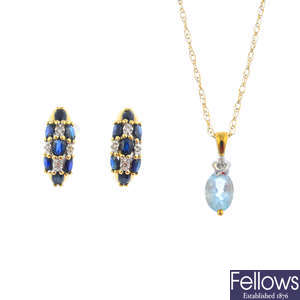 An aquamarine and diamond pendant, together with a pair of sapphire and diamond earrings.