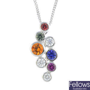A diamond, sapphire and ruby pendant, with chain.
