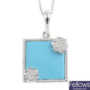 A turquoise and diamond pendant, with chain.