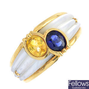 A sapphire and mother-of-pearl dress ring.