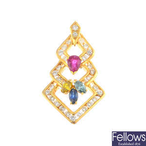 A diamond, coloured diamond and gem-set pendant.