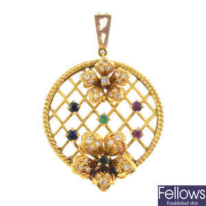 A diamond, sapphire, emerald and ruby pendant.