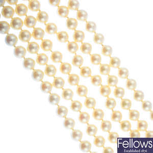 A cultured freshwater pearl three-strand necklace.