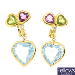 A pair of 18ct gold diamond, topaz, amethyst and peridot earrings.