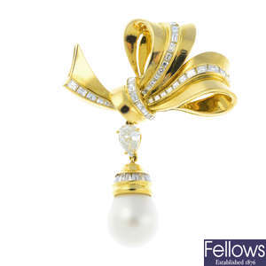 ADLER - a diamond and cultured pearl brooch.