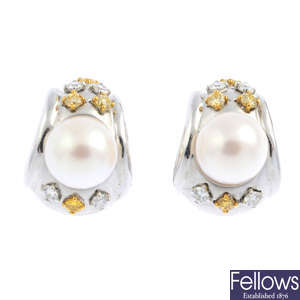 A pair of 18ct gold cultured pearl, diamond and 'yellow' diamond earrings.