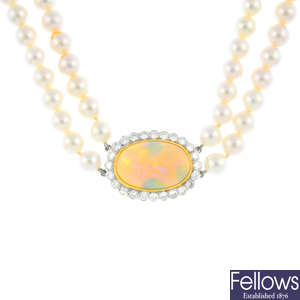 An 18ct gold opal, diamond and cultured pearl two-row necklace.