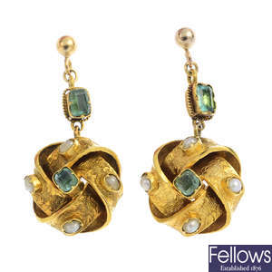 A pair of mid Victorian gold emerald and split pearl earrings.