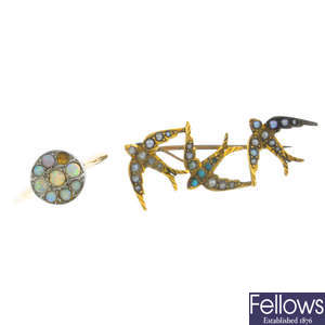 An early 20th century 15ct gold split pearl and turquoise birds brooch and an opal cluster ring.
