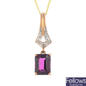 A 9ct gold garnet and diamond pendant, with chain.