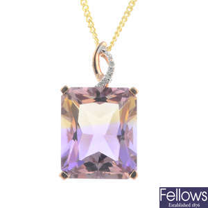 An ametrine and diamond pendant, with a 9ct gold chain.